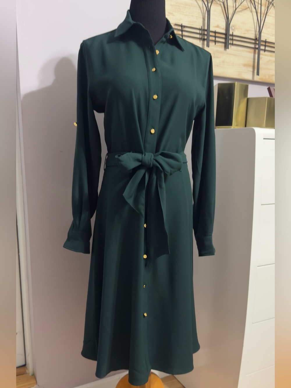 Lauren Ralph Lauren Deep Green Midi shirts-Dress with Self-Tie waist size 4